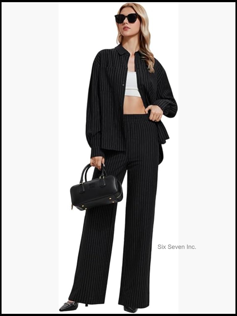 2 Piece Pinstripe Oversized Button Down Blouse & Straight Leg Pants Travel